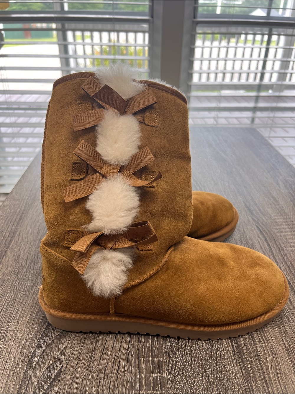 Koolaburra Chestnut Suede Mid-Calf Slippers with White Faux-Fur Pom Trim - Picture 4 of 6